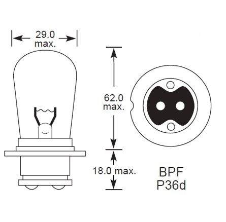 British Pre-focus 12 Volt double contact P36D base, 38 watt Head, Spot & Fog bulb
